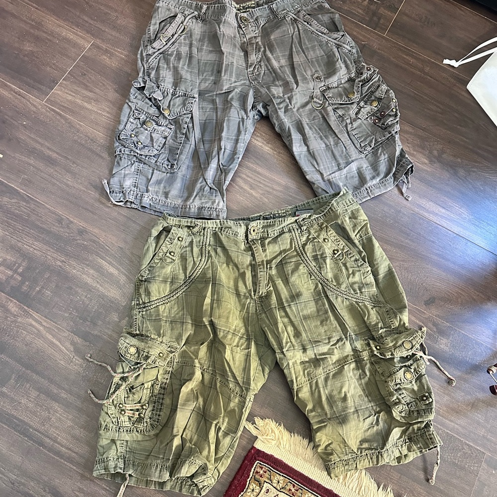 ETZO DENIM 2x pairs vintage Y2K plaid bondage cargo shorts rave punk metal